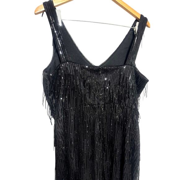 R&M Richards Black Fringe Sequined Maxi Gown w/ Slit Sz 10 Long Formal Flapper - Picture 9 of 10